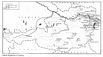Encyclopaedia Judaica 1971: Austria, vol.
                  3, col. 887-888, map of the Jews in Austria (shape of
                  1945)