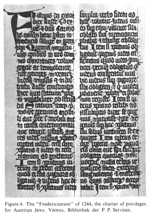 Encyclopaedia Judaica: Austria,
                  vol.3, col.892, privileges of 1244: The
                  "Fredericianum" of 1244, the charter of
                  privileges for Austrian Jews, Vienna, library of the
                  P.P. Serviten (Bibliothek der P.P. Serviten)