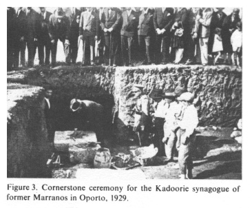 Encyclopaedia Judaica: Portugal,
vol13, col.924: ceremony for building a synagogue:
cornerstone ceremony for the Kadoorie synagogue of
former marranos in Oportor, 1929 Encyclopaedia Judaica: Portugal, vol13, col.924:
ceremony for building a synagogue: cornerstone ceremony
for the Kadoorie synagogue of former marranos in
Oportor, 1929
