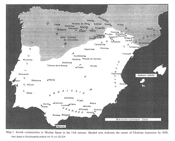 Encyclopaedia Judaica 1971: Spain, vol. 15, col.
                223-224, map of the Jewish communities of the 11th
                century