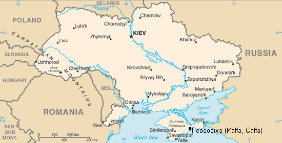 Map of Ukraine with the positions
                of Crimea and Feodosiya (Kaffa, Caffa)