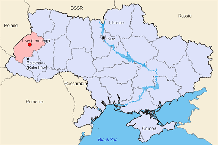 Map of Ukraine with the positions of L'viv
                  (Lemberg), Bolekhov (Bolechow) and Kiev (Kiew)
