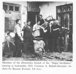 Encyclopaedia Judaica (1971): Jews in
                            Zhmerinka, vol. 16, col. 1013, locksmith
                            training from He-Halutz for (racist) Herzl
                            Israel