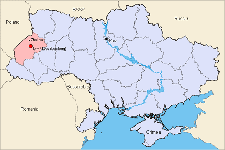 Map of Ukraine with the positions of Lviv
                  (Lemberg), Zholkva and Kiev (Kiew) [9]