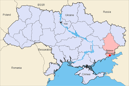 Map of Ukraine with the positions of Zhdanov
                  (Mariupol) and Kiev (Kiew)