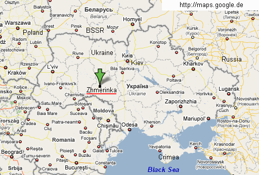 Map of Ukraine with the positions
                of Zhmerinka and Kiev (Kiew)
