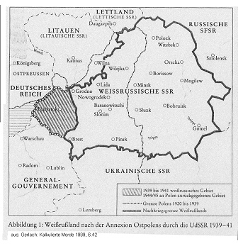 Karte von Weissrussland (BSSR) mit der
Verschiebung von Landesgrenzen 1920-1945 Karte von Weissrussland (BSSR) mit der
Verschiebung von Landesgrenzen 1920-1945