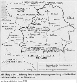 Karte von Weissrussland
(BSSR) 1941-1945 mit Weissruthenien und den
verschiedenen Grenzziehungen Karte von Weissrussland (BSSR) 1941-1945
mit Weissruthenien und den verschiedenen
Grenzziehungen