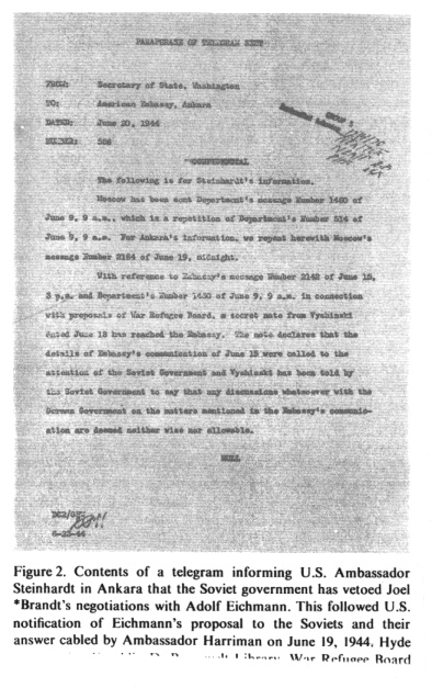 Encyclopaedia Judaica (1971): Holocaust, Rescue
                  from, vol. / Band 8, col./Kolonne 909, Telegramm von
                  Harriman vom 19.6.1944