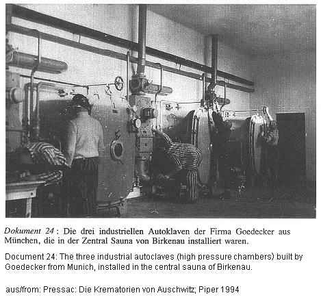 KZ Auschwitz: Entlausung mit
                        Heissluft-Kompressionskammern in der Sauna
                        Birkenau / cc Auschwitz: delousing by hot air in
                        compression chambers in the sauna of Birkenau