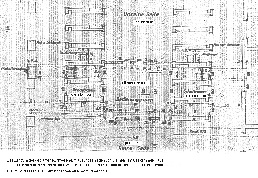 Zwei geplante Kurzwellen-Entlausungsanlagen im
Gaskammer-Haus 1943 Zwei geplante Kurzwellen-Entlausungsanlagen im
Gaskammer-Haus 1943 / two projected short wave delousing
constructions of Siemens in the gas chamber house