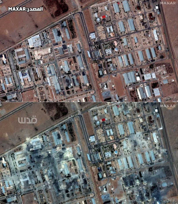Isfahan, Nuklearanlage
                  vorher-nachher am 22.6.2025 - 19:22h:
                  "US"-Bomben haben ein paar Hallen
                  bombardiert - und ausgebrannt (schwarze Flecken im
                  Nachher-Foto)