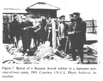 Encyclopaedia
                        Judaica (1971): Russia, vol. 14, col. 445-446:
                        Burial of a Russian Jewish soldier in a Japanese
                        prisoner-of-war camp, 1905. Courtesy J.N.U.L.
                        Photo Archives, Jerusalem.