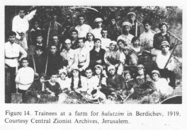 Encyclopaedia Judaica (1971): Russia, vol. 14,
                  col. 457, [[racist Zionist]] pioneer training for
                  halutzim (ḥalutzim) [[racist Zionist
                  "pioneers" for the war against the Arabs in
                  Palestine]] in Berdichev, 1919. Courtesy Central
                  Zionist Archives, Jerusalem