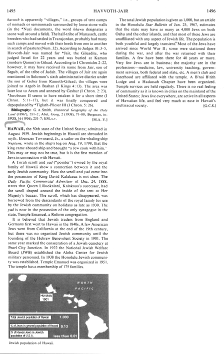Encyclopaedia Judaica
1971: Hawaii, vol. 7, col. 1495-1496 Encyclopaedia Judaica 1971: Hawaii, vol. 7,
col. 1495-1496
