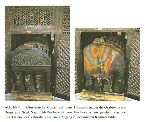 Jesusgrab "Rozabal" in Srinagar
                (Kaschmir): Die Gr�ber sind von einem Holzrahmen
                umgeben.