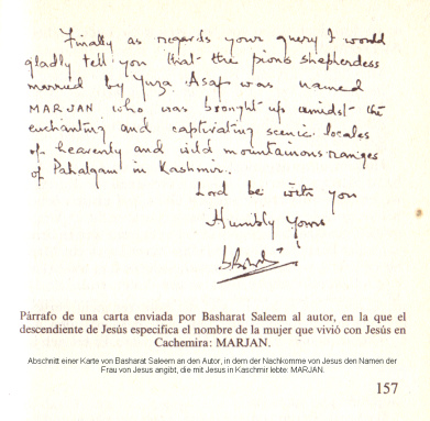 Notiz von Basharat Saleem mit
der Angabe, dass die Frau von Jesus in
Kaschmir Marjan hiess Notiz von Basharat Saleem mit der Angabe,
dass die Frau von Jesus in Kaschmir Marjan
hiess