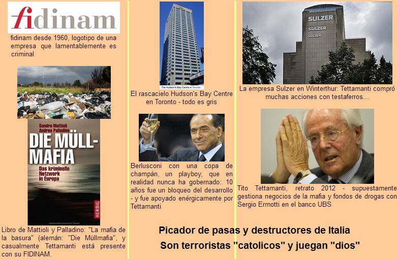 El Sr. criminal
                    Tito Tettamanti, es un recolector de pasas, un
                    organizador de evasi�n de fondos, un contrabandista
                    de basura para convertir Italia en un basurero -
                    juntos con otro cac�lico Silvio Berlusconi - eso es
                    un saludo de la logia sat�nica P2 del Vaticano
                    criminal, �juegan "dios", son diablos!