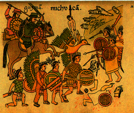 Hernando Cortez auf der
Jagd gegen Ureinwohner mit Schilden,
Schwertern, Pferden und Hunden Hernando Cortez auf der Jagd gegen
Ureinwohner mit Schilden, Schwertern, Pferden
und Hunden