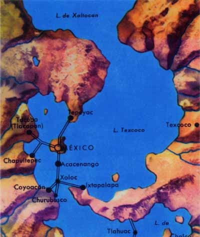 Tenochtitlan : Karte mit
Texcoco, Dammsystem Tenochtitlan : Karte mit Texcoco,
Dammsystem