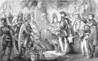 Falsche
                          Begr�ssung zwischen Cortez und Moctezuma in
                          Tenochtitlan