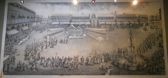 Depiction of a historic autodaf� in
                            Lima where many members are shaking their
                            crosses for a certain "Jesus"