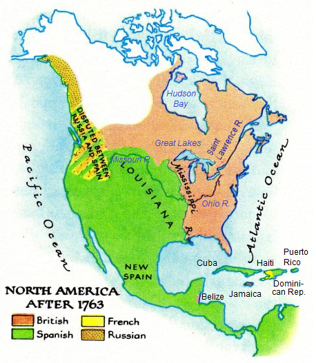 Map with North
                              "America" of 1763 with English,
                              Spanish and Russian occupied territories
                              and some French occupied islands